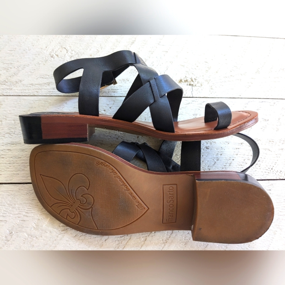 Franco Sarto Ina Black Strappy Leather Sandals with Brown Footbed 8.5 - Picture 4 of 14